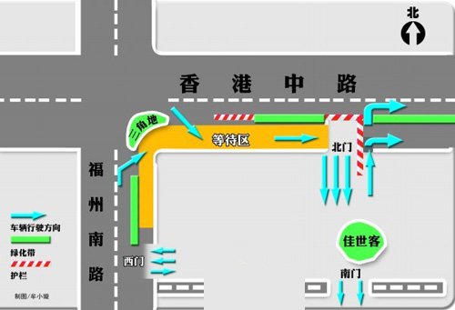 青島佳世客開設(shè)等待區(qū) 北門外設(shè)護(hù)欄南門只出不進(jìn)