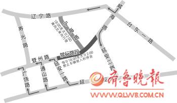 青島登州路禁行路段調(diào)流示意圖。