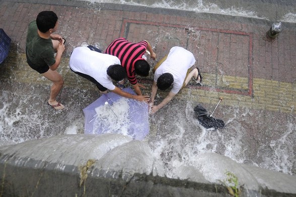 杭州暴雨 市民上街捕魚