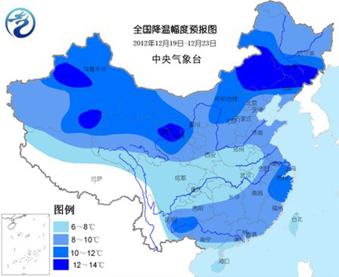 全國降溫幅度預報圖（19日至23日）